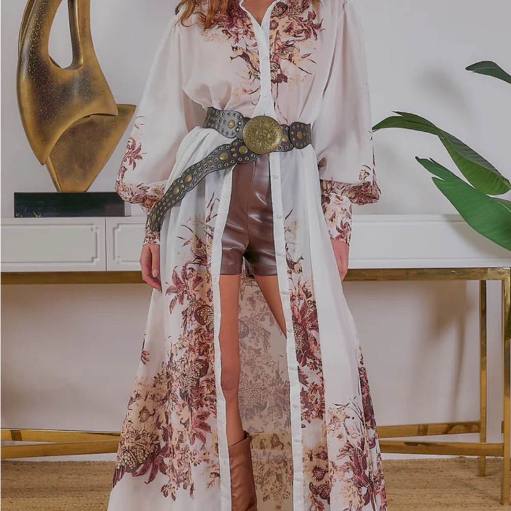 Itoo Italy Floral Maxi Shirt Dress Sheer Long Sleeve Belted Size Large